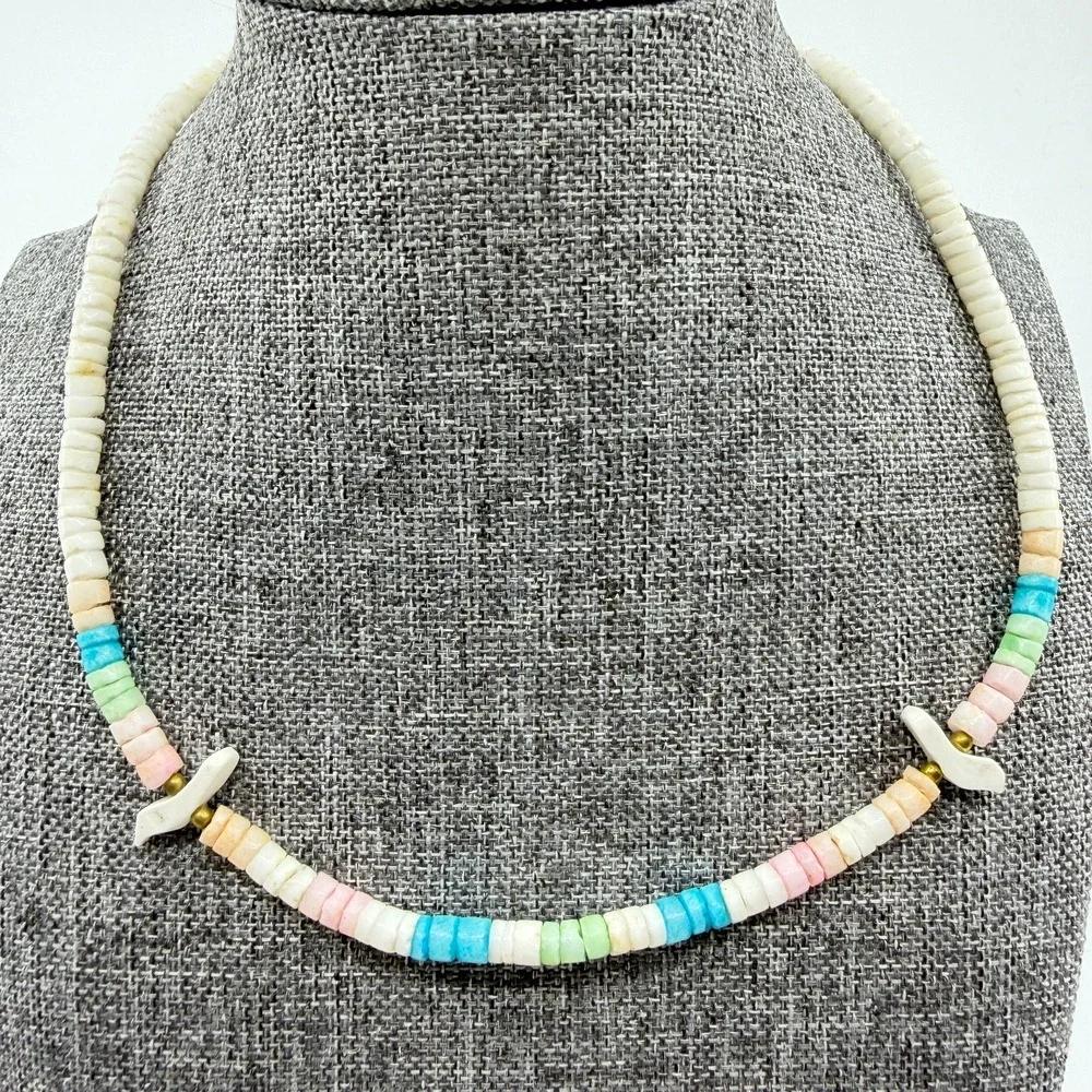 Pastel Heishi Bead Bird Necklace White Blue Pink Boho Coastal Statement Gift